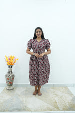 Paisley Premium Cotton Maternity Maxi – Dual Invisible Zipper Feeding Dress with Puff Sleeves & Elegant V-Neck