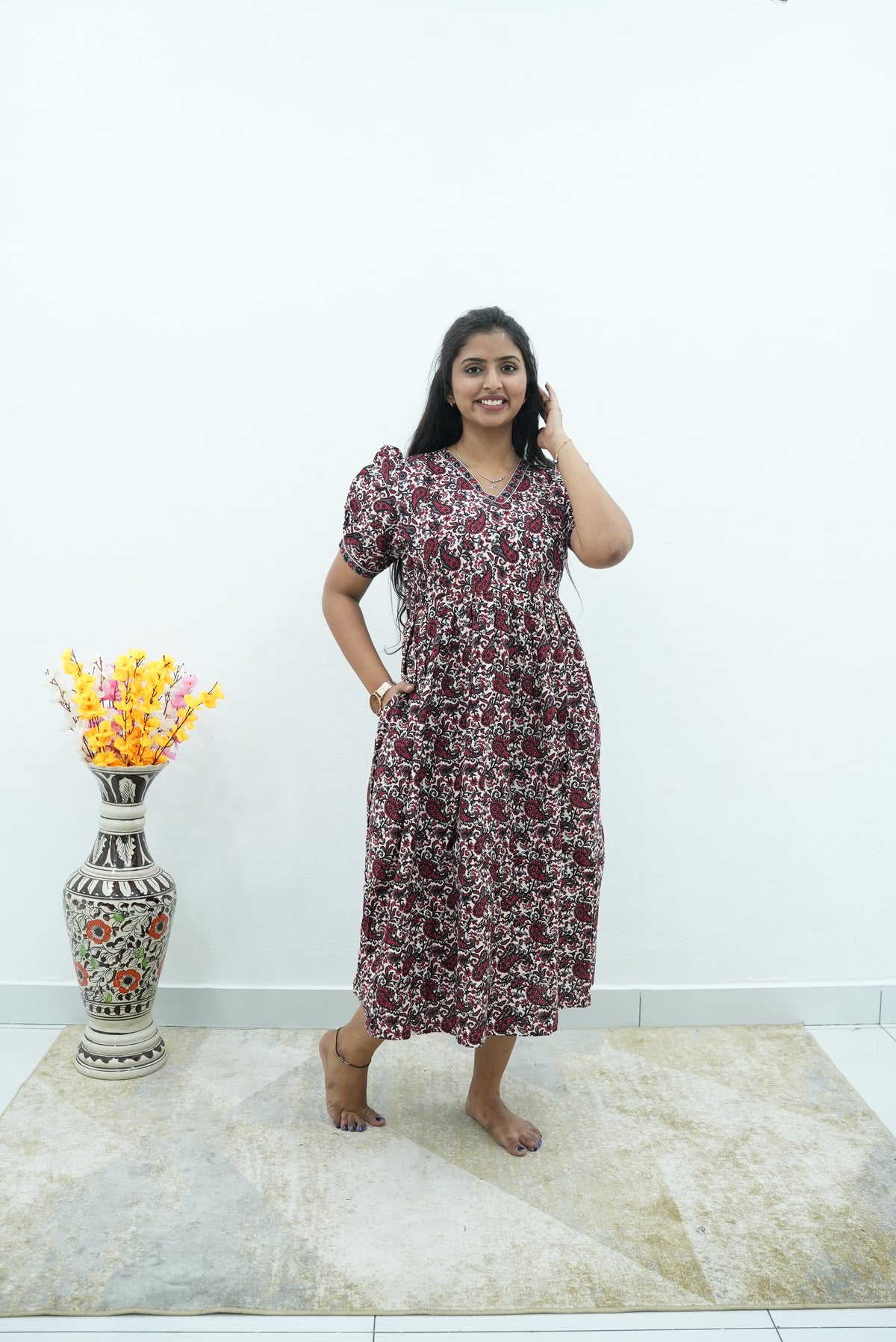 Paisley Premium Cotton Maternity Maxi – Dual Invisible Zipper Feeding Dress with Puff Sleeves & Elegant V-Neck