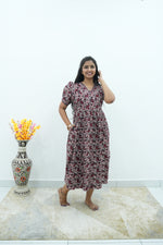 Paisley Premium Cotton Maternity Maxi – Dual Invisible Zipper Feeding Dress with Puff Sleeves & Elegant V-Neck