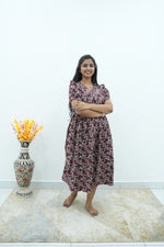Paisley Premium Cotton Maternity Maxi – Dual Invisible Zipper Feeding Dress with Puff Sleeves & Elegant V-Neck
