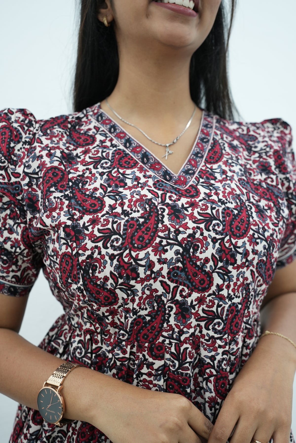 Paisley Premium Cotton Maternity Maxi – Dual Invisible Zipper Feeding Dress with Puff Sleeves & Elegant V-Neck