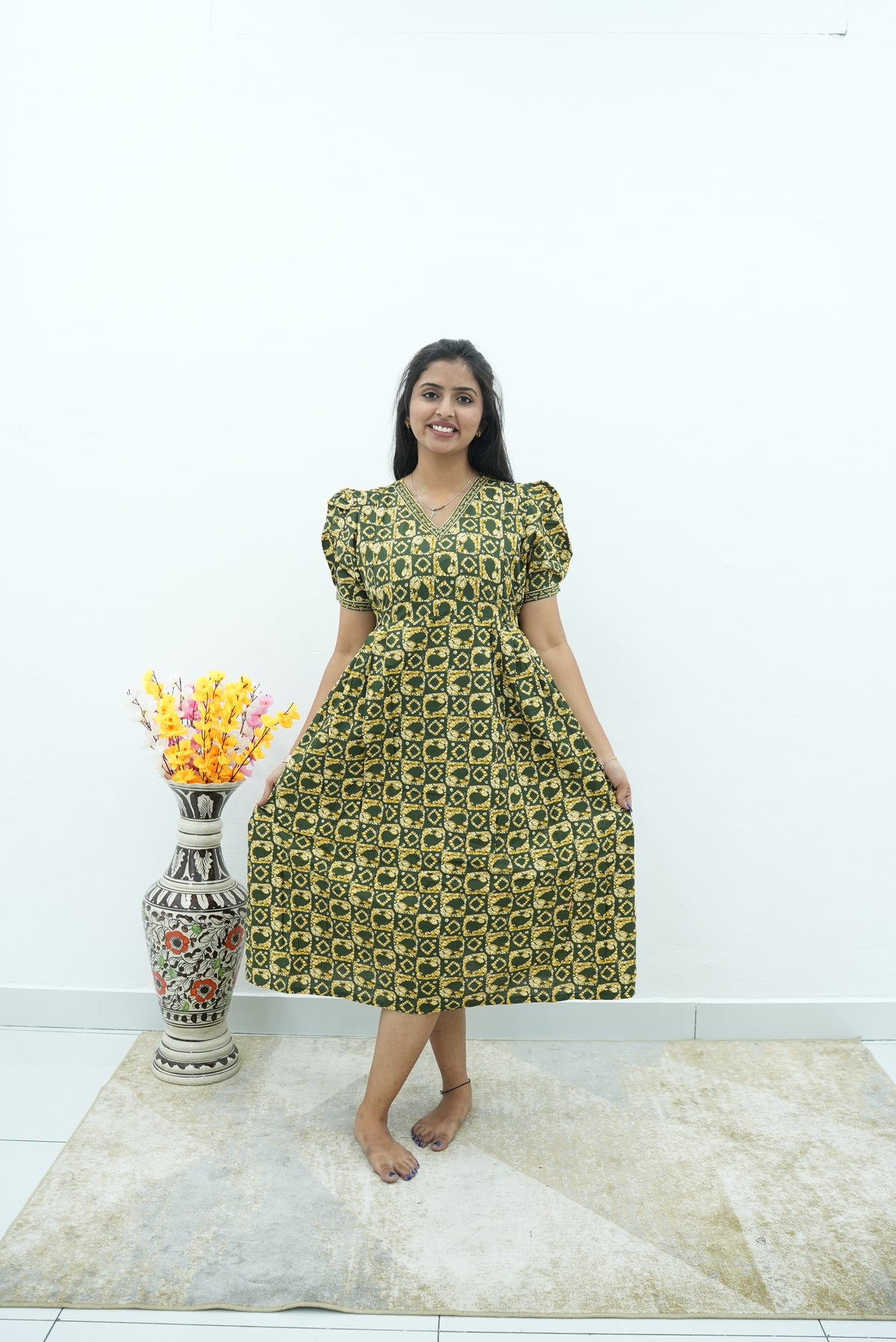 Olive & Ochre Mandala Maternity Maxi Frock – Invisible Dual Feeding Zippers with V-Neck & Soft Premium Cotton