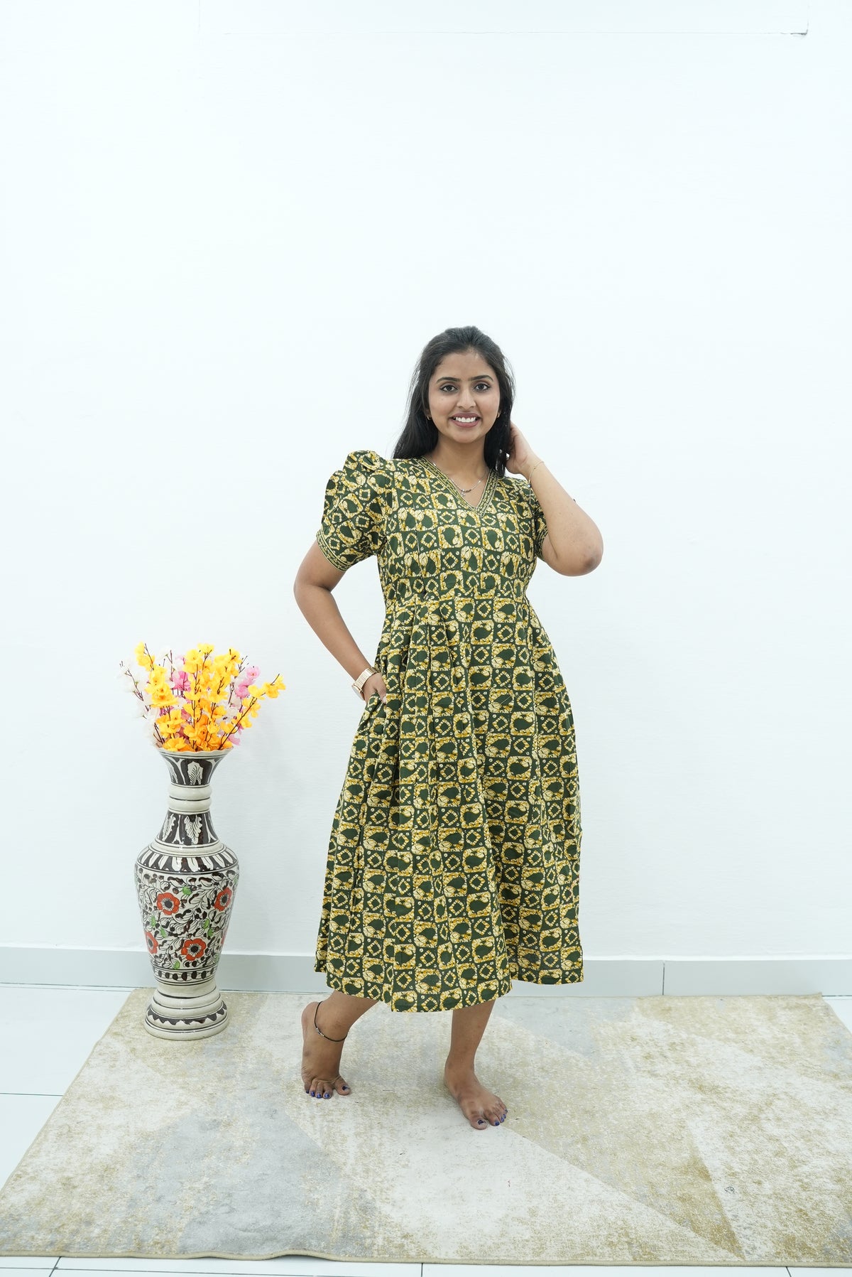 Olive & Ochre Mandala Maternity Maxi Frock – Invisible Dual Feeding Zippers with V-Neck & Soft Premium Cotton