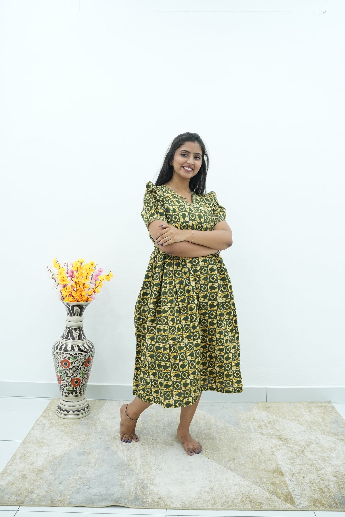 Olive & Ochre Mandala Maternity Maxi Frock – Invisible Dual Feeding Zippers with V-Neck & Soft Premium Cotton