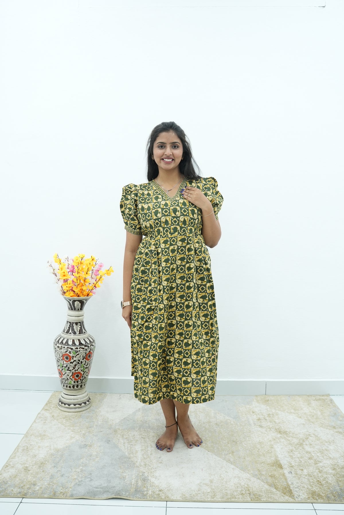 Olive & Ochre Mandala Maternity Maxi Frock – Invisible Dual Feeding Zippers with V-Neck & Soft Premium Cotton