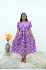 Royal Orchid Premium Cotton Maternity Maxi – Dual Invisible Zipper Feeding Dress with Classic Puff Sleeves & V-Neckline