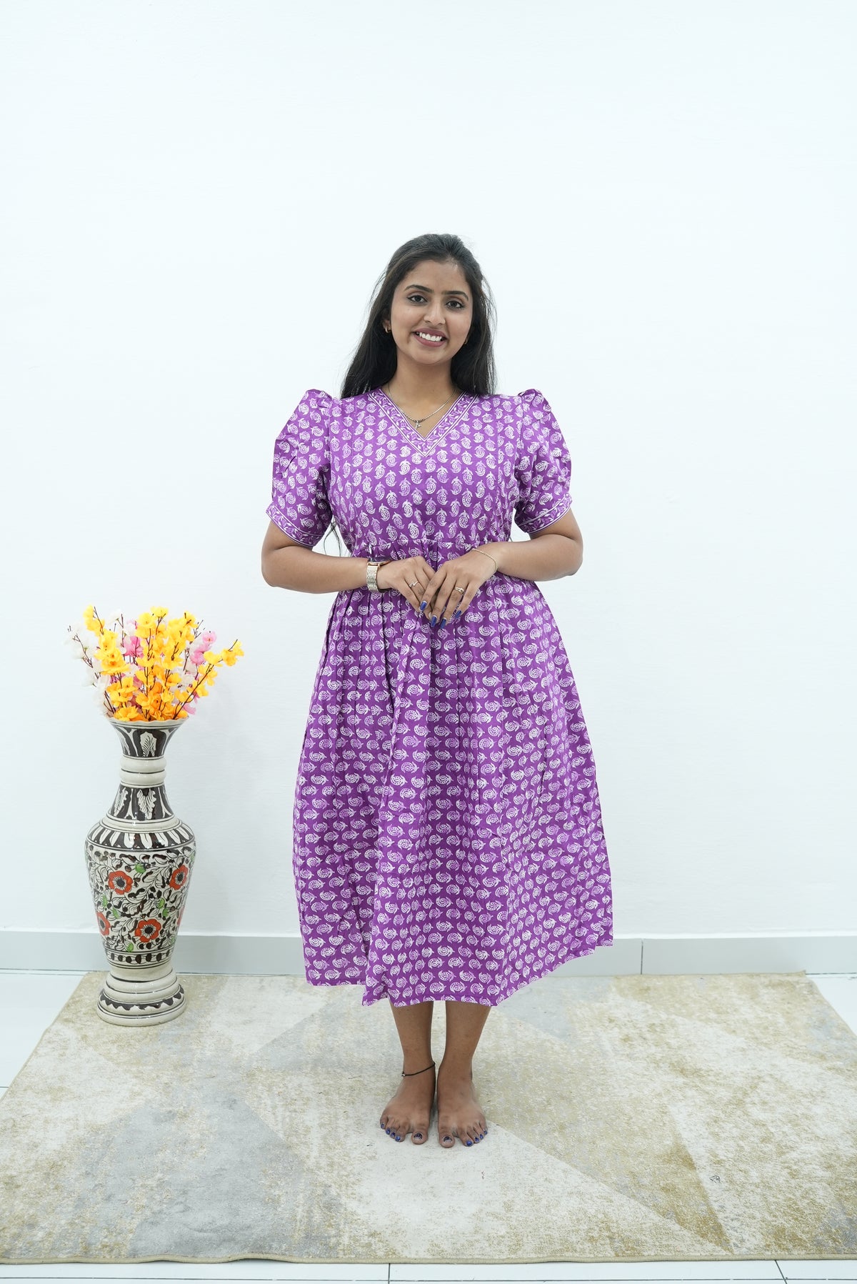 Royal Orchid Premium Cotton Maternity Maxi – Dual Invisible Zipper Feeding Dress with Classic Puff Sleeves & V-Neckline