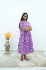 Royal Orchid Premium Cotton Maternity Maxi – Dual Invisible Zipper Feeding Dress with Classic Puff Sleeves & V-Neckline