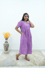 Royal Orchid Premium Cotton Maternity Maxi – Dual Invisible Zipper Feeding Dress with Classic Puff Sleeves & V-Neckline