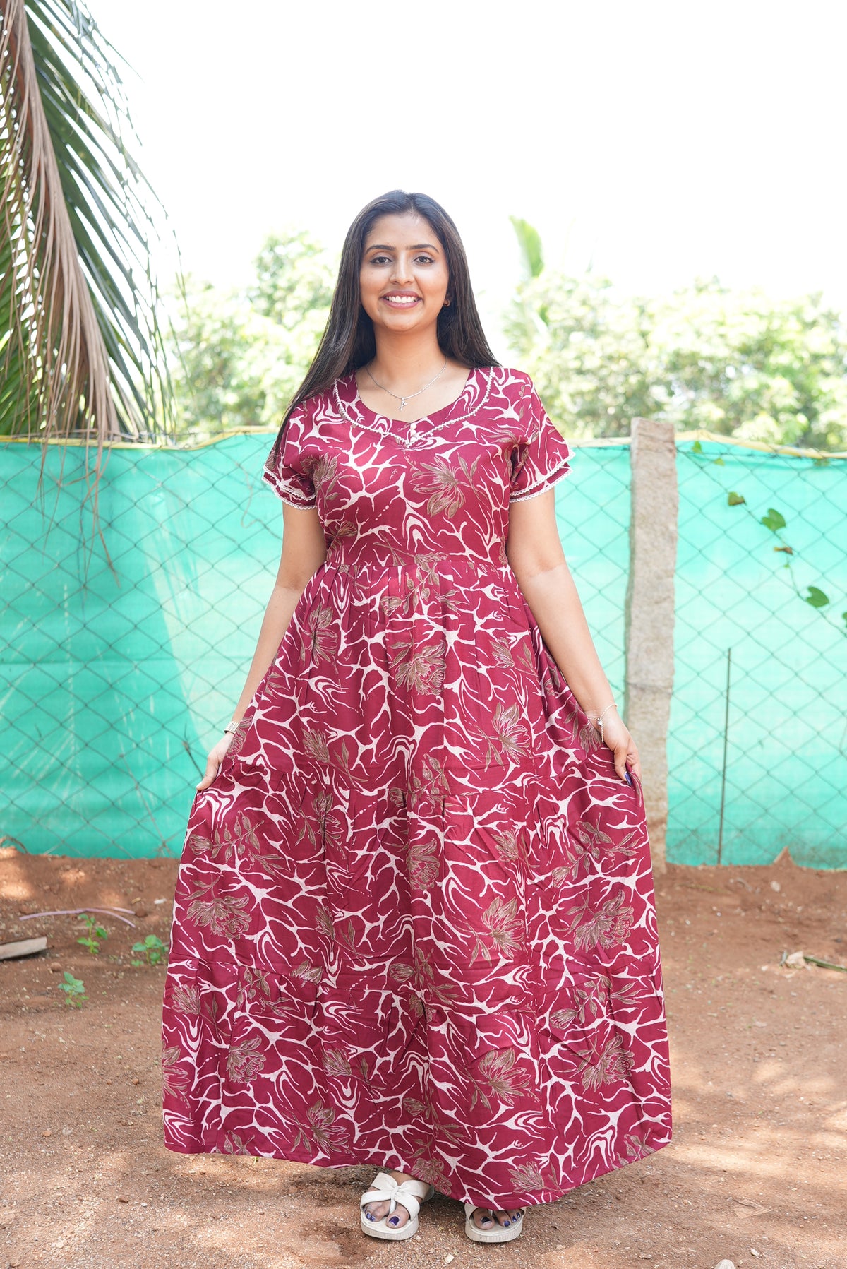 Premium Alpine 3-Layer Slate Geometric Maxi Frock – Double Layer Flutter Sleeves with Square Neck & Adjustable Back Tie