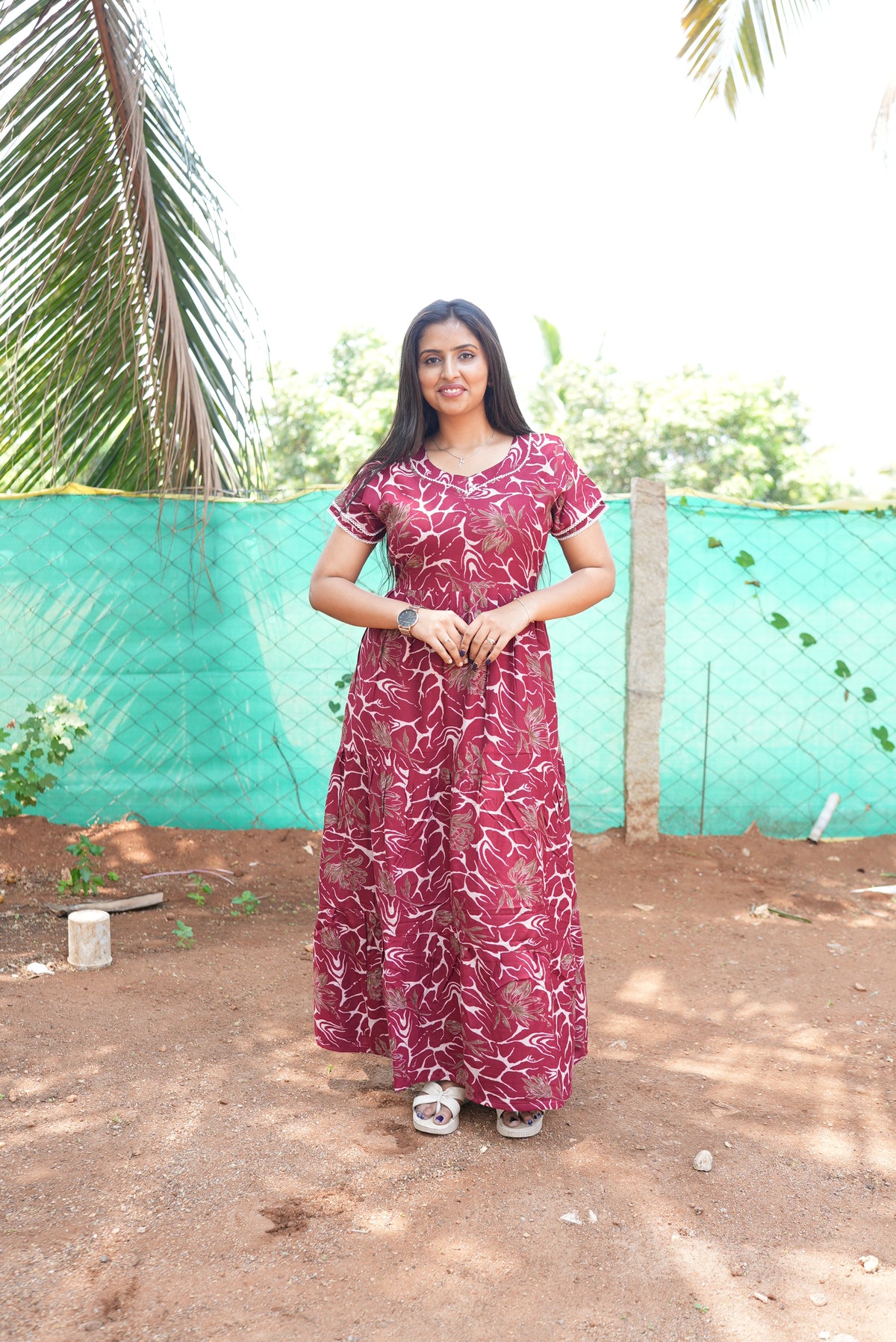 Premium Alpine 3-Layer Slate Geometric Maxi Frock – Double Layer Flutter Sleeves with Square Neck & Adjustable Back Tie