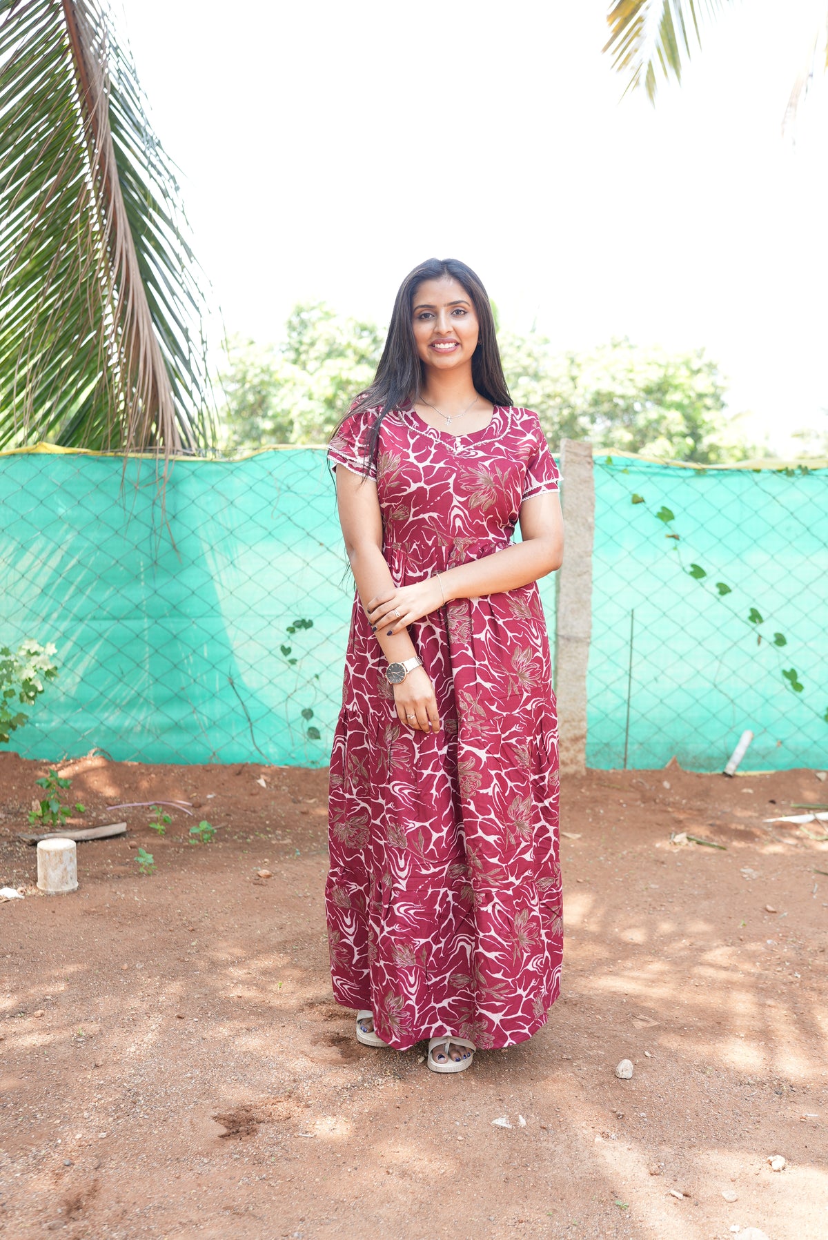 Premium Alpine 3-Layer Slate Geometric Maxi Frock – Double Layer Flutter Sleeves with Square Neck & Adjustable Back Tie