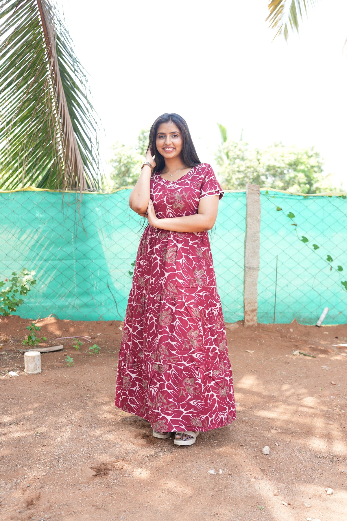 Premium Alpine 3-Layer Slate Geometric Maxi Frock – Double Layer Flutter Sleeves with Square Neck & Adjustable Back Tie