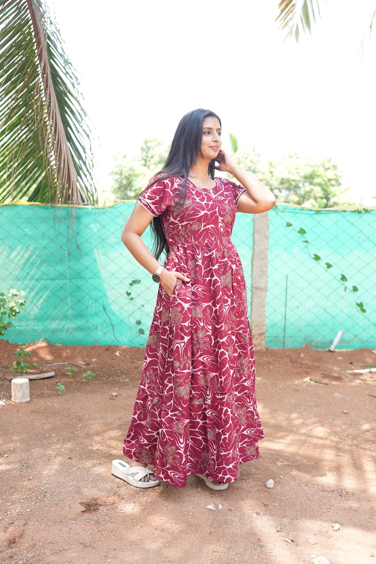 Premium Alpine 3-Layer Slate Geometric Maxi Frock – Double Layer Flutter Sleeves with Square Neck & Adjustable Back Tie