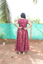 Premium Alpine 3-Layer Slate Geometric Maxi Frock – Double Layer Flutter Sleeves with Square Neck & Adjustable Back Tie