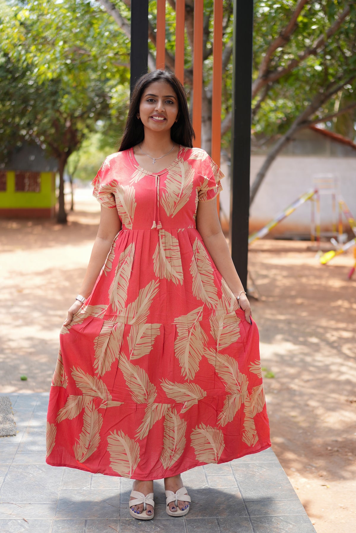 Premium Alpine 3-Layer Summer Maxi Frock – Tropical Palm Print with Double Layer Flutter Sleeves, V-Neck & Side Pockets