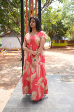 Premium Alpine 3-Layer Summer Maxi Frock – Tropical Palm Print with Double Layer Flutter Sleeves, V-Neck & Side Pockets