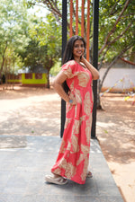 Premium Alpine 3-Layer Summer Maxi Frock – Tropical Palm Print with Double Layer Flutter Sleeves, V-Neck & Side Pockets