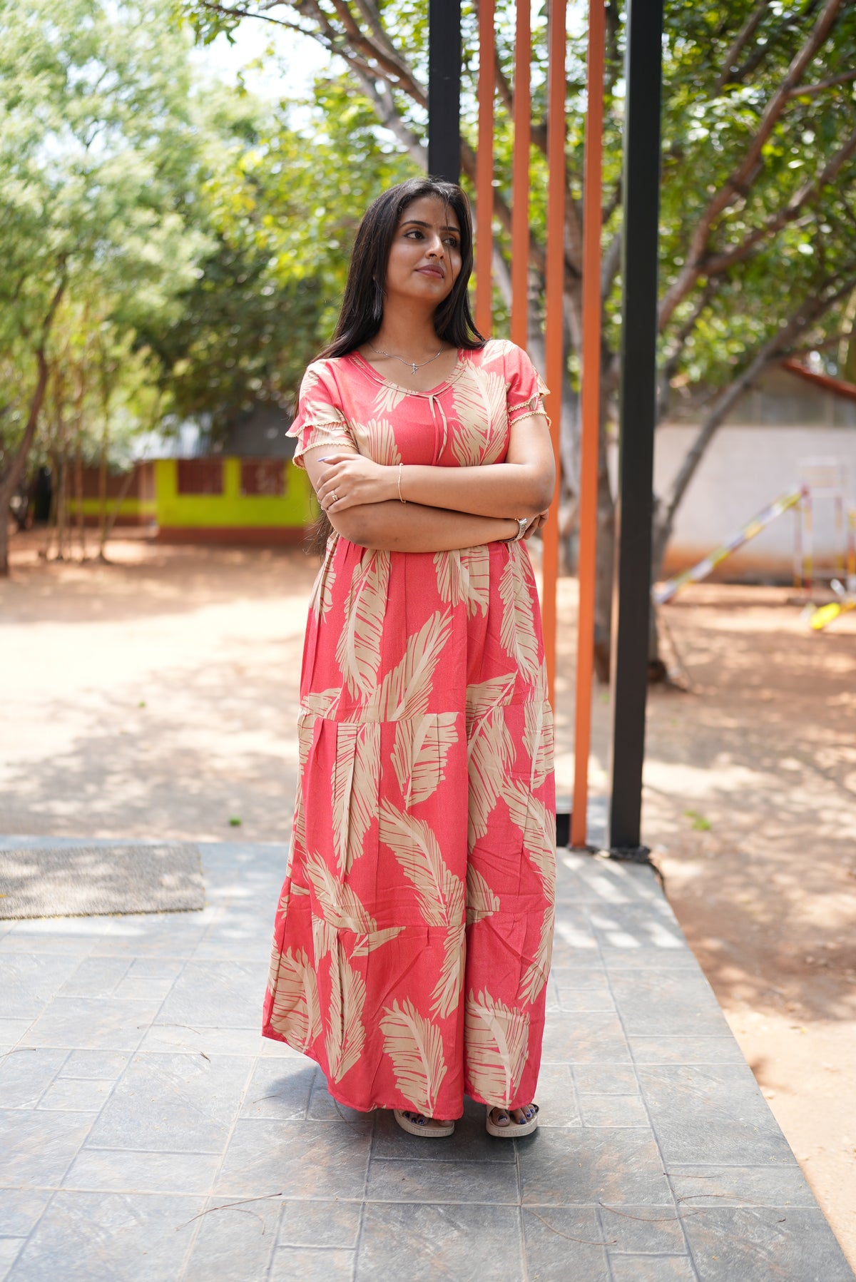 Premium Alpine 3-Layer Summer Maxi Frock – Tropical Palm Print with Double Layer Flutter Sleeves, V-Neck & Side Pockets