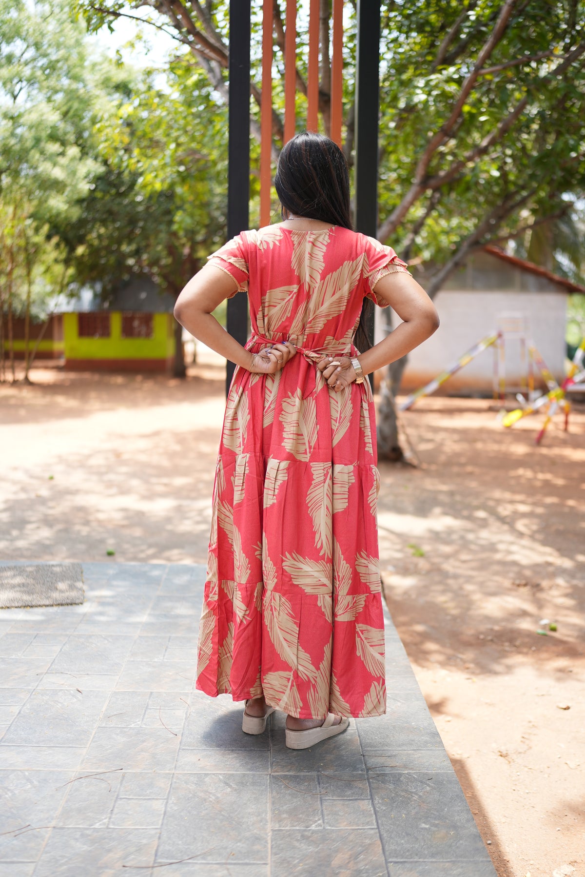 Premium Alpine 3-Layer Summer Maxi Frock – Tropical Palm Print with Double Layer Flutter Sleeves, V-Neck & Side Pockets