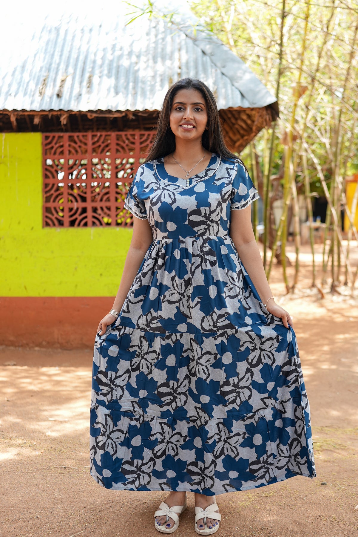 Premium Alpine 3-Layer Navy Bloom Maxi Frock – Botanical Print with Double Layer Flutter Sleeves, Square Neck & Adjustable Back Tie