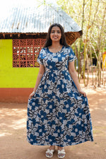 Premium Alpine 3-Layer Navy Bloom Maxi Frock – Botanical Print with Double Layer Flutter Sleeves, Square Neck & Adjustable Back Tie