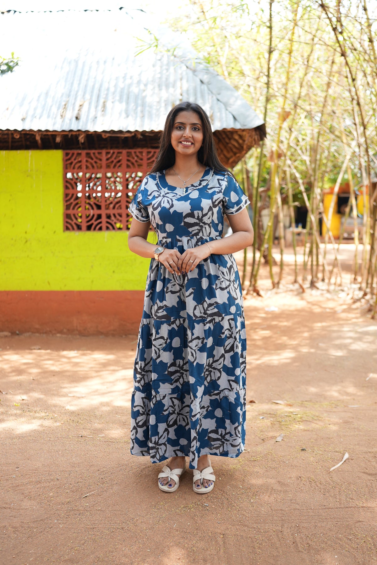 Premium Alpine 3-Layer Navy Bloom Maxi Frock – Botanical Print with Double Layer Flutter Sleeves, Square Neck & Adjustable Back Tie