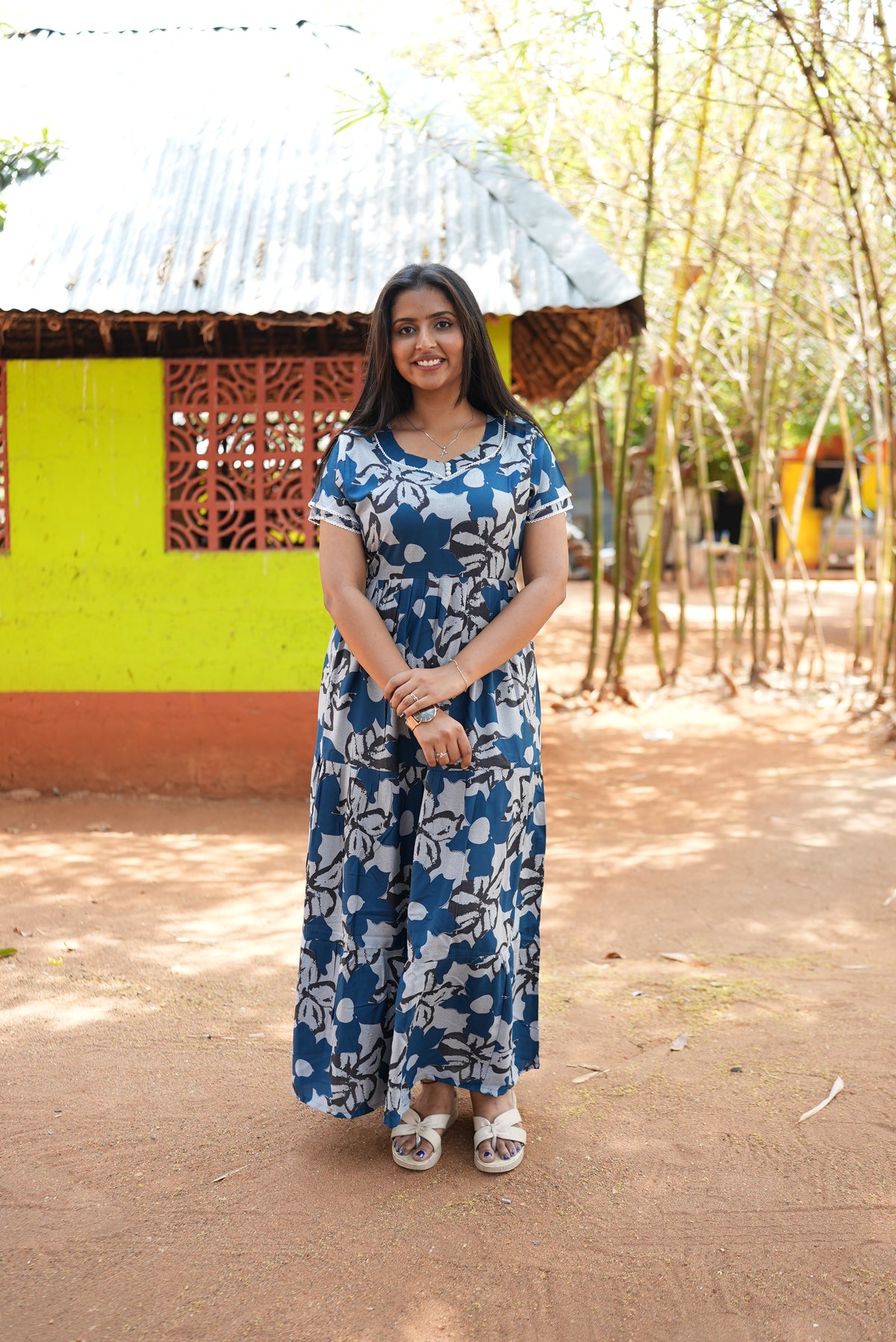 Premium Alpine 3-Layer Navy Bloom Maxi Frock – Botanical Print with Double Layer Flutter Sleeves, Square Neck & Adjustable Back Tie