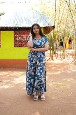 Premium Alpine 3-Layer Navy Bloom Maxi Frock – Botanical Print with Double Layer Flutter Sleeves, Square Neck & Adjustable Back Tie