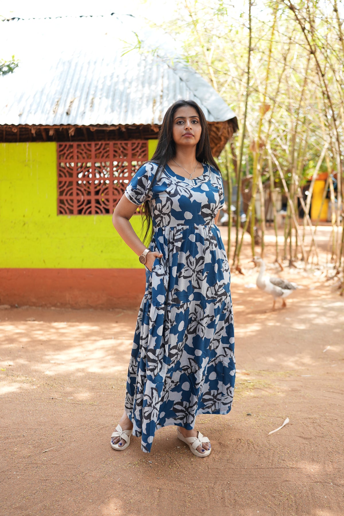 Premium Alpine 3-Layer Navy Bloom Maxi Frock – Botanical Print with Double Layer Flutter Sleeves, Square Neck & Adjustable Back Tie