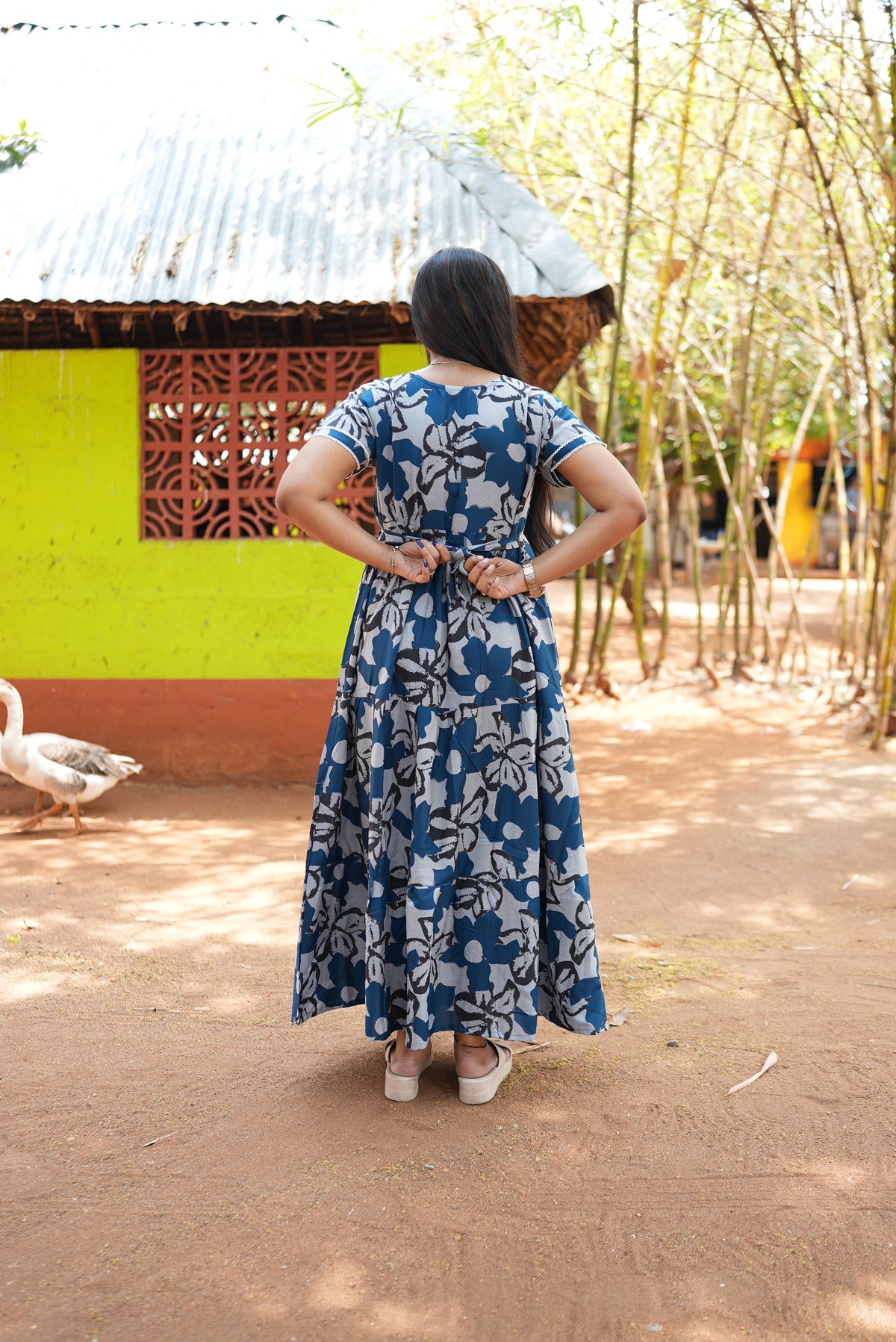 Premium Alpine 3-Layer Navy Bloom Maxi Frock – Botanical Print with Double Layer Flutter Sleeves, Square Neck & Adjustable Back Tie