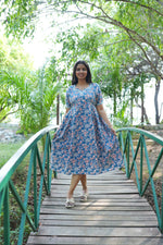 Dusty Blue Floral Premium Cotton Maternity Maxi – Dual Invisible Zipper Nursing Dress with Square Neck & Comfort Regular Sleeves
