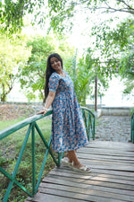 Dusty Blue Floral Premium Cotton Maternity Maxi – Dual Invisible Zipper Nursing Dress with Square Neck & Comfort Regular Sleeves