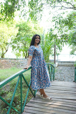 Dusty Blue Floral Premium Cotton Maternity Maxi – Dual Invisible Zipper Nursing Dress with Square Neck & Comfort Regular Sleeves