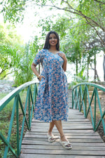 Dusty Blue Floral Premium Cotton Maternity Maxi – Dual Invisible Zipper Nursing Dress with Square Neck & Comfort Regular Sleeves