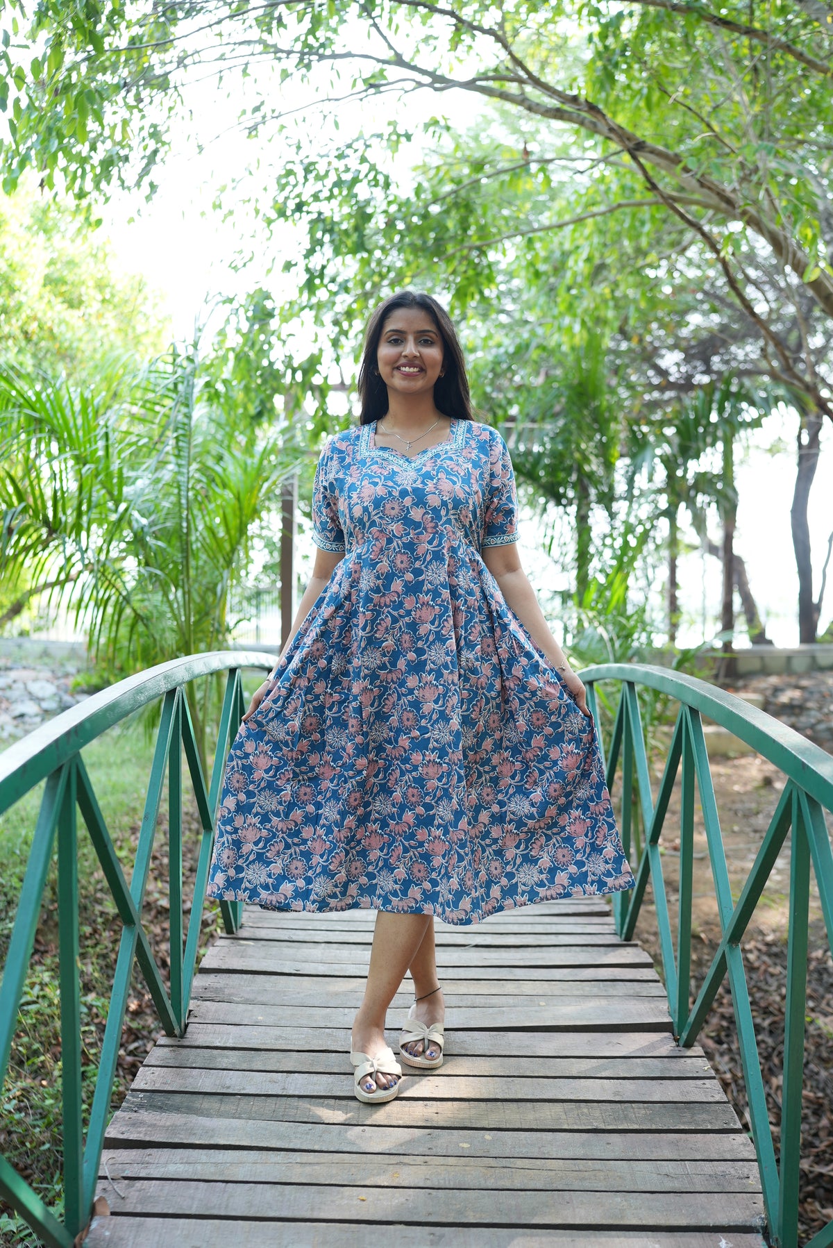 Dusty Blue Floral Premium Cotton Maternity Maxi – Dual Invisible Zipper Nursing Dress with Square Neck & Comfort Regular Sleeves