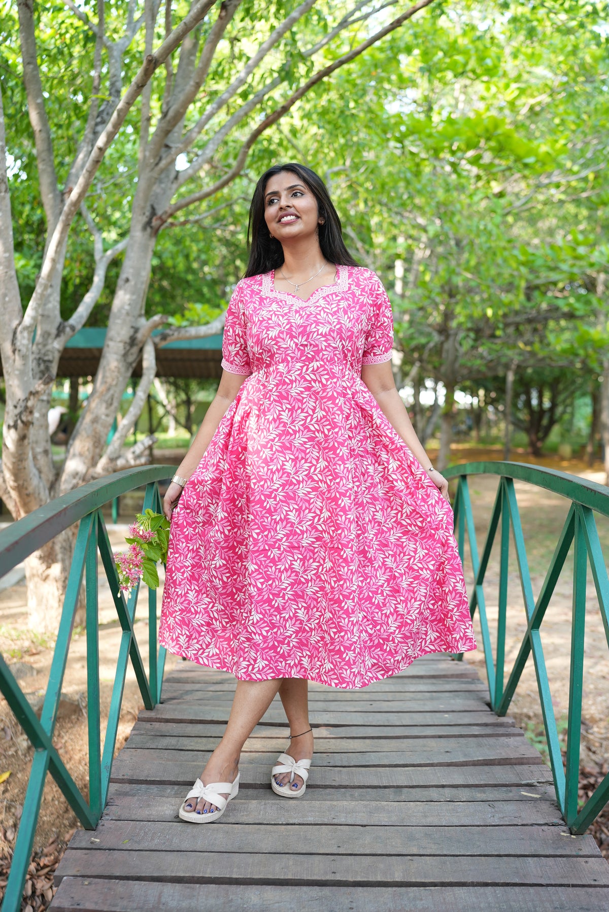 Blush Pink Botanical Maternity Maxi Frock – Invisible Dual Feeding Zippers with Square Neck & Puff Sleeves in Soft Premium Cotton