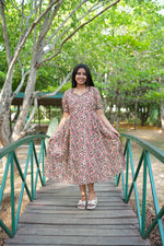 Berry Kalamkari Premium Cotton Maternity Maxi – Dual Invisible Zipper Feeding Dress with Square Neck & RegularSleeves