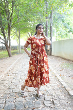Terracotta Bloom Rayon Foil Maxi Frock – Double Layer Frill Sleeve Summer Dress with Adjustable Waist Tie & Side Pockets - Breathable Summer Wear MAXI Frock