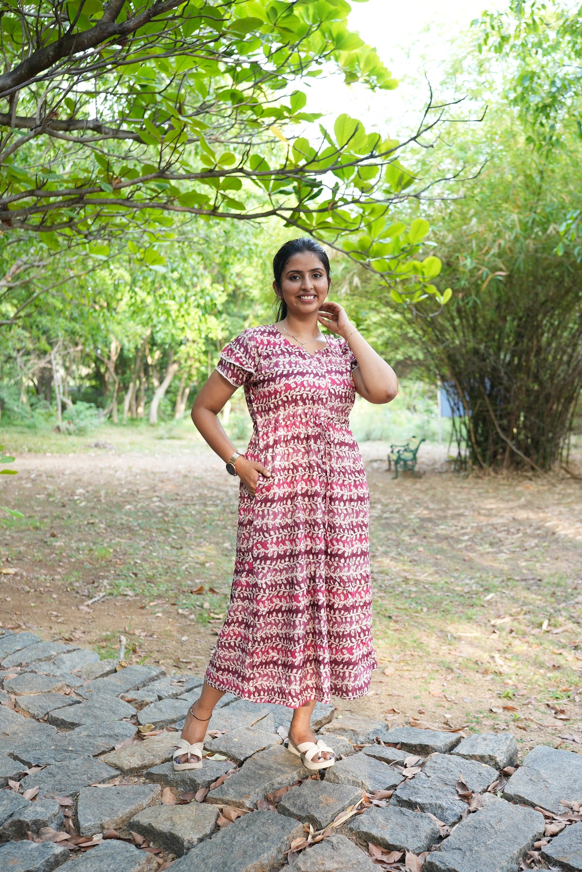 Maroon Vine Foil Rayon Maxi Dress – Double Layer Flutter Sleeve Frock with Adjustable Waist Tie & Side Pockets