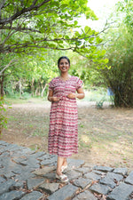 Maroon Vine Foil Rayon Maxi Dress – Double Layer Flutter Sleeve Frock with Adjustable Waist Tie & Side Pockets