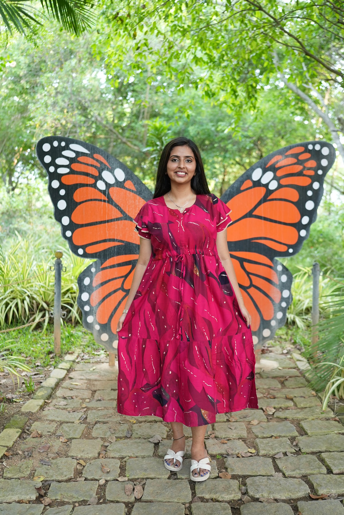 Seafoam Meadow Rayon Foil Maxi Frock – Elegant Puff Sleeve Tiered Summer Dress with Adjustable Drawstring Waist & Pockets - Drawstring Maxi Frock