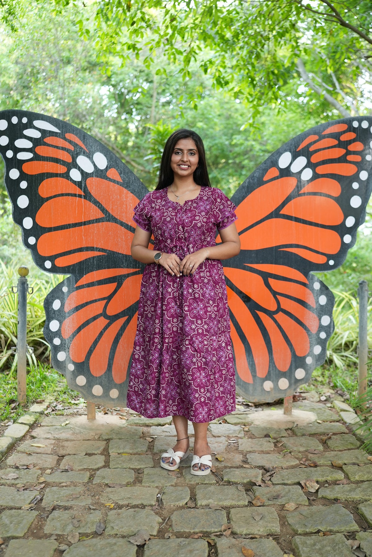 Royal Plum Floral Foil Rayon Maxi Dress – Double Layer Flutter Sleeve Frock with Adjustable Waist Tie & Side Pockets -