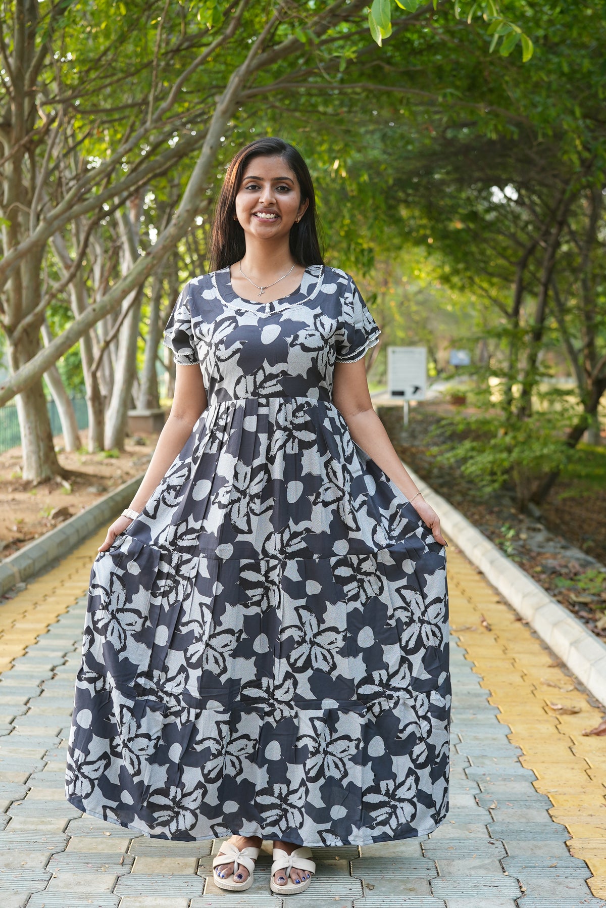 Premium Alpine 3-Layer Navy Bloom Maxi Frock – Botanical Print with Double Layer Flutter Sleeves, Square Neck & Adjustable Back Tie