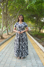 Premium Alpine 3-Layer Navy Bloom Maxi Frock – Botanical Print with Double Layer Flutter Sleeves, Square Neck & Adjustable Back Tie