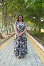 Premium Alpine 3-Layer Navy Bloom Maxi Frock – Botanical Print with Double Layer Flutter Sleeves, Square Neck & Adjustable Back Tie