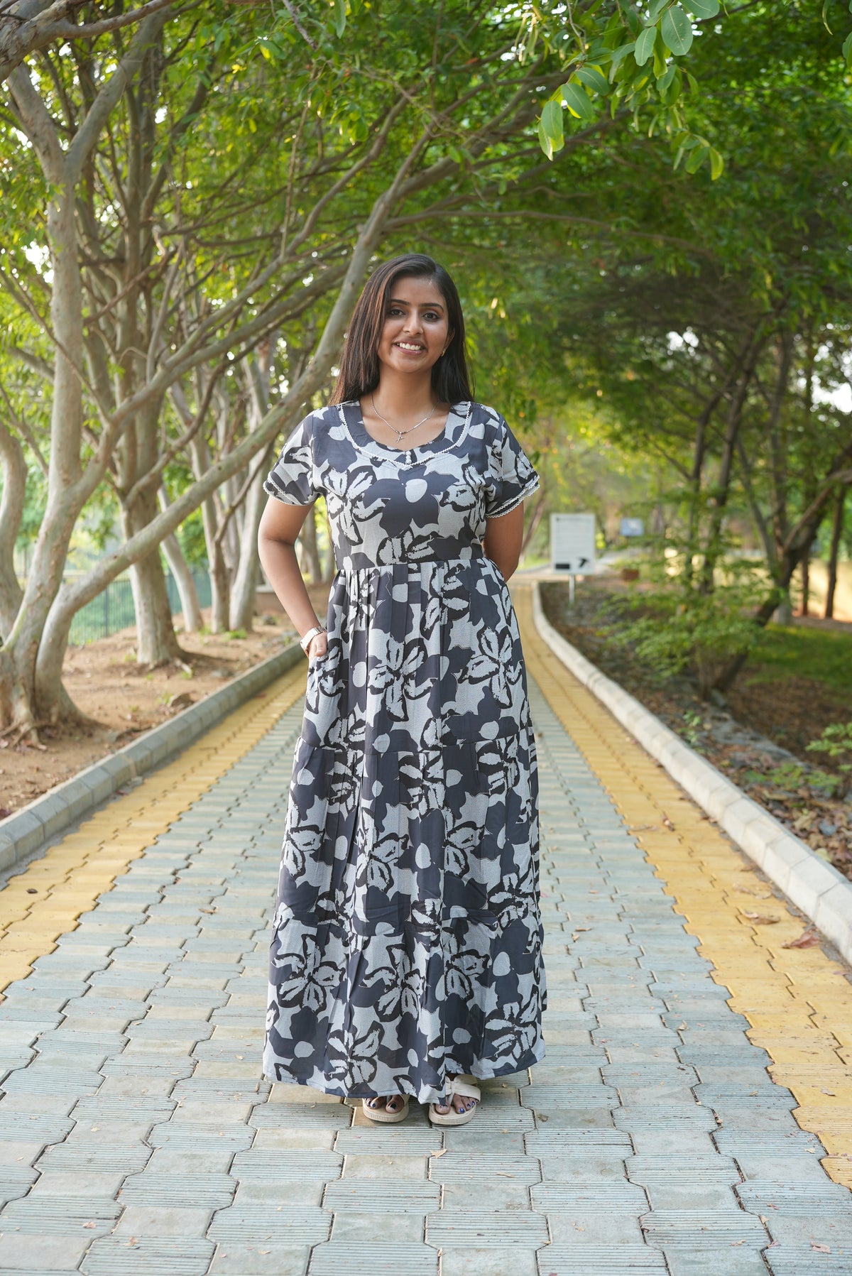 Premium Alpine 3-Layer Navy Bloom Maxi Frock – Botanical Print with Double Layer Flutter Sleeves, Square Neck & Adjustable Back Tie