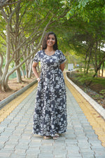 Premium Alpine 3-Layer Navy Bloom Maxi Frock – Botanical Print with Double Layer Flutter Sleeves, Square Neck & Adjustable Back Tie