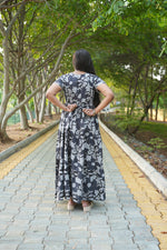 Premium Alpine 3-Layer Navy Bloom Maxi Frock – Botanical Print with Double Layer Flutter Sleeves, Square Neck & Adjustable Back Tie