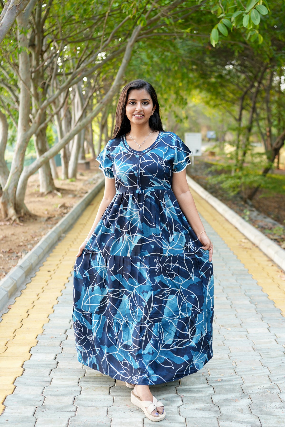 Peacock Floral Premium Alpine 3-Layer Maxi Frock – Elegant Double Layer Butterfly Sleeves with V-Neck & Adjustable Back Tie - Breathable All-Season Fabric